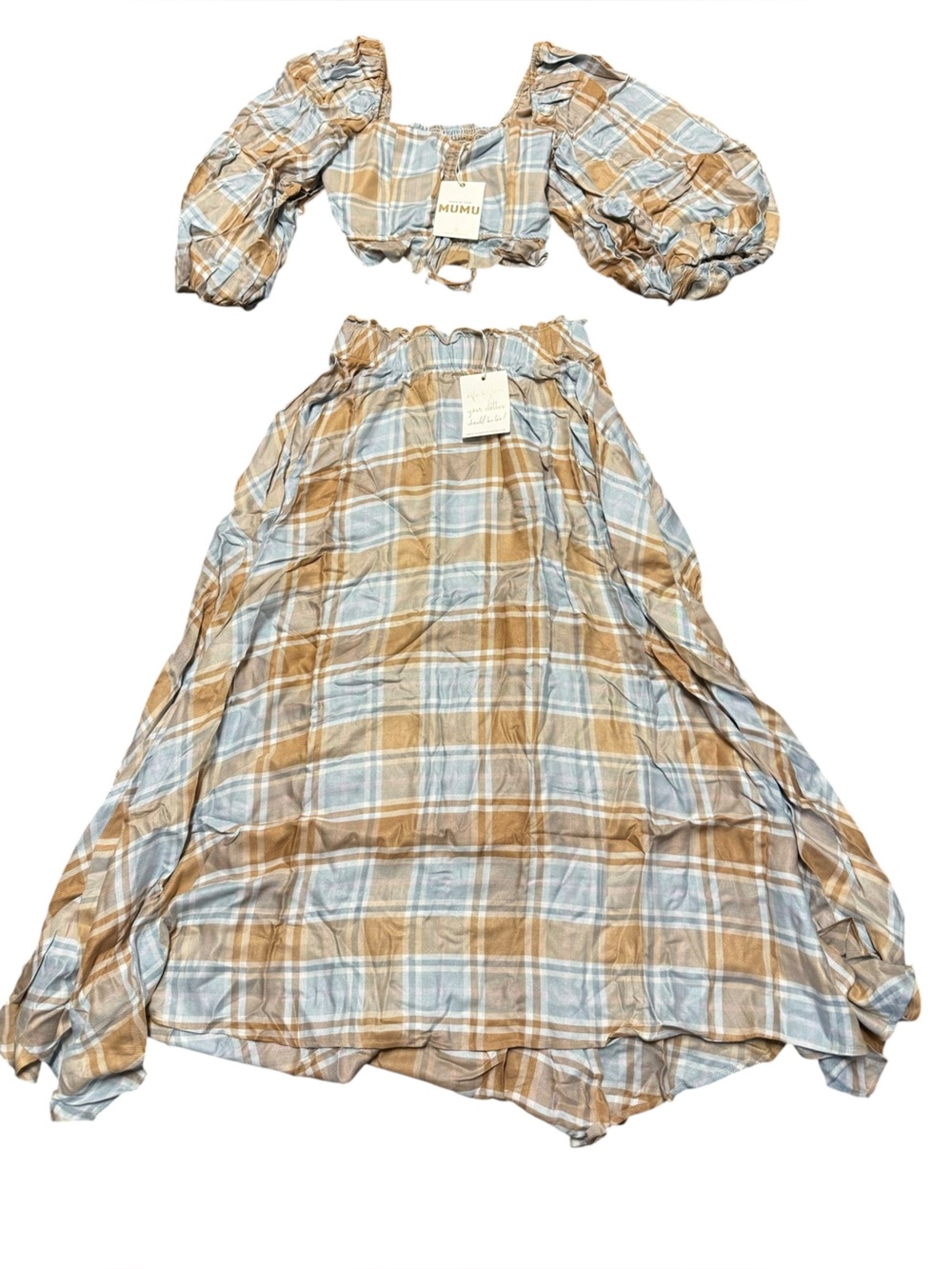 Show Me Your Mumu Plaid Maxi Skirt Crop Top Set M Boho Western Cottagecore NWT - Picture 2 of 9